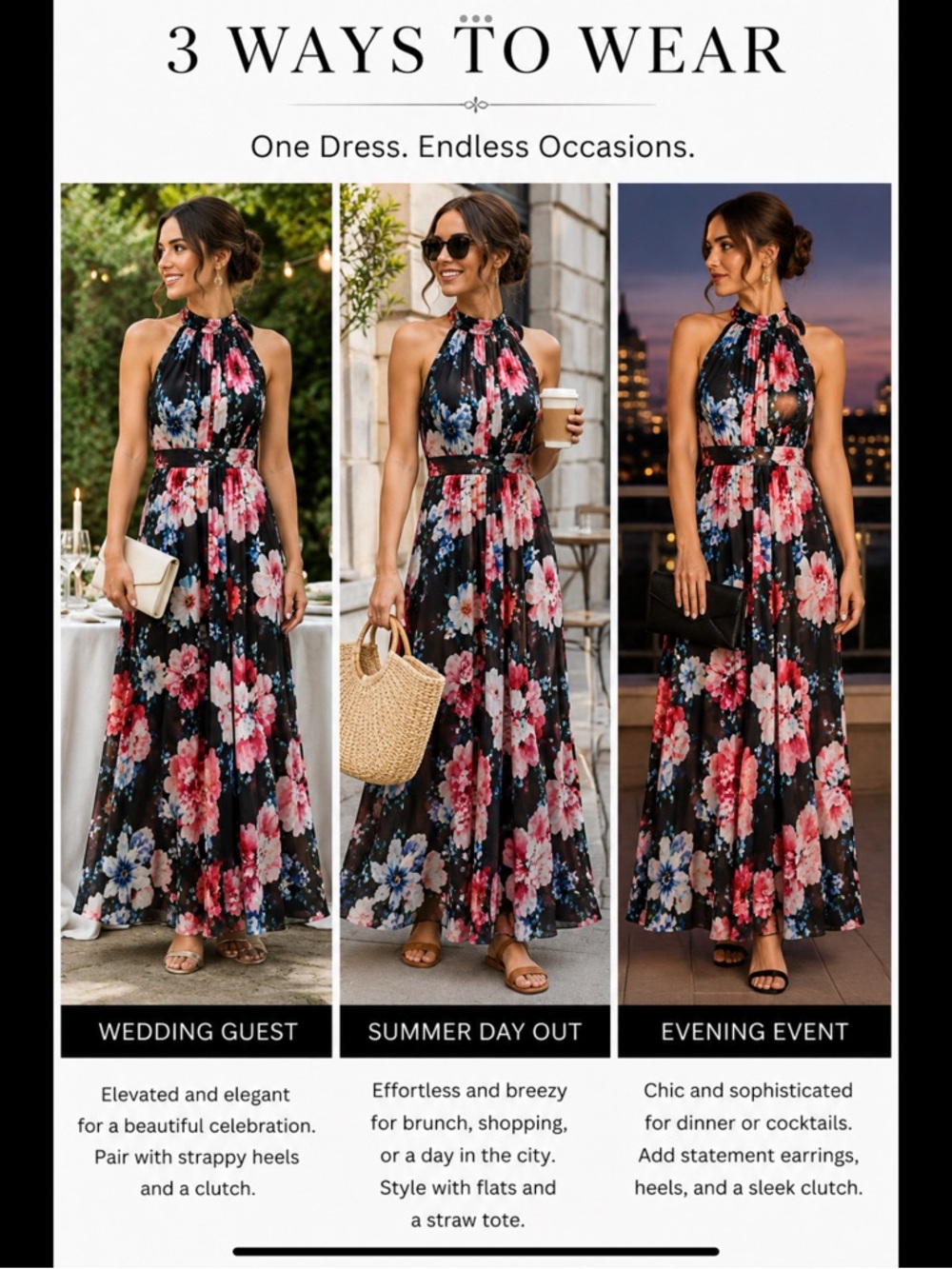 Nightway Floral Halter Maxi Dress Black Pink Blue Chiffon Wedding Guest Gown